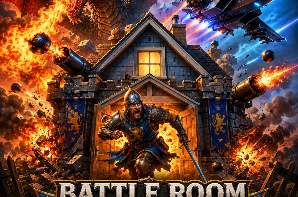 Key art illustration: a fortified house under siege as a dragon and fighter jet clash above it.
